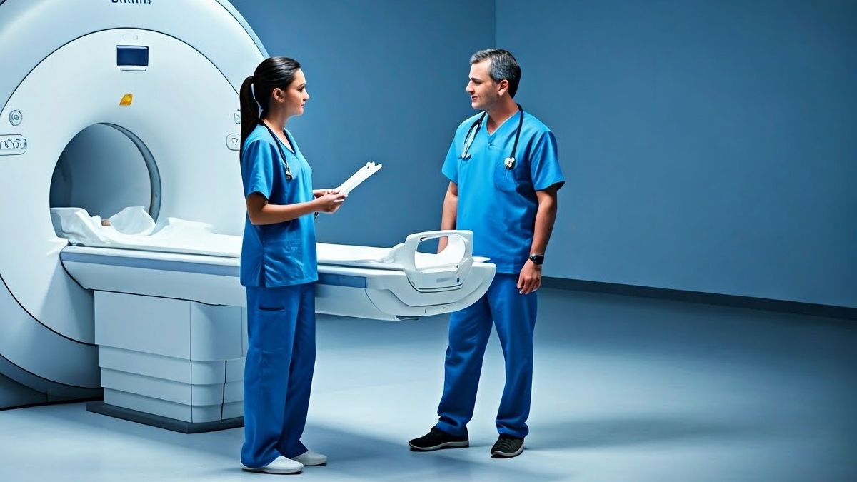 Radiology,Technologist,And,Radiologist,In,Discussion,,Modern,Hospital,Setting,,Mri